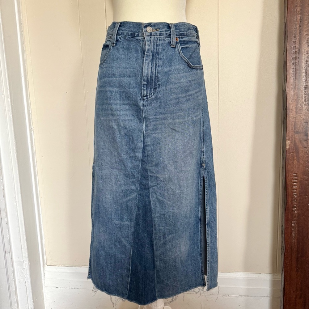 Lucky Brand Blue Denim Jeans Maxi Skirt | Side Slits | Patchwork | Size 27
